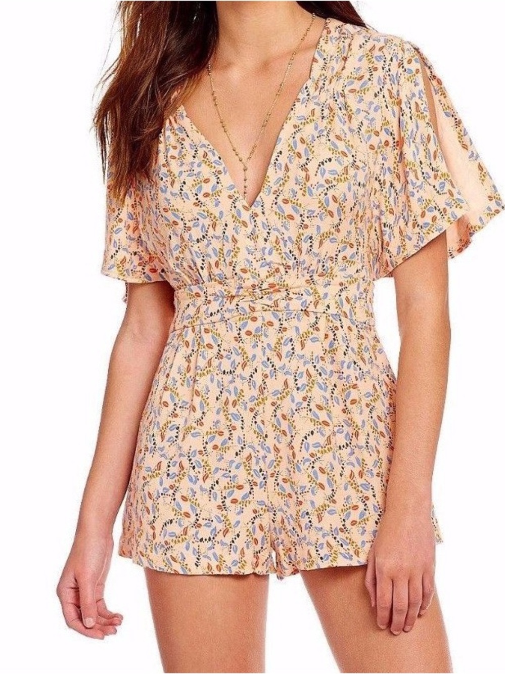 FREE PEOPLE SzL MEET VIRGINIA V-NECK PRINTED ROMPER PINK COMBO
